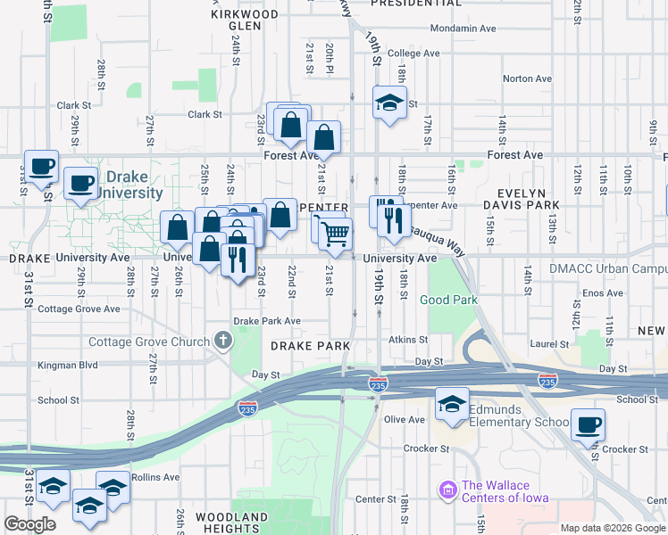 map of restaurants, bars, coffee shops, grocery stores, and more near 1162 21st Street in Des Moines