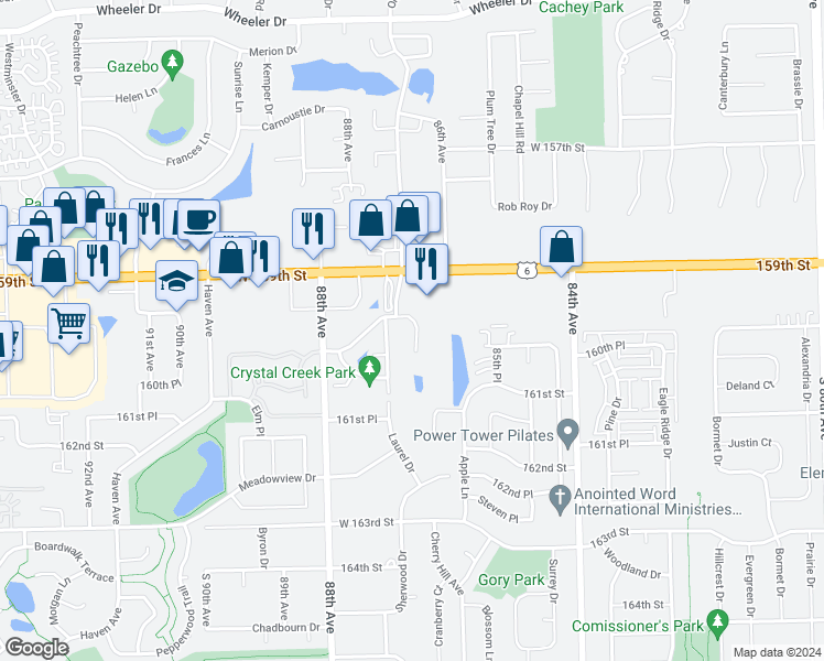 map of restaurants, bars, coffee shops, grocery stores, and more near 16008 Crystal Creek Drive in Orland Park