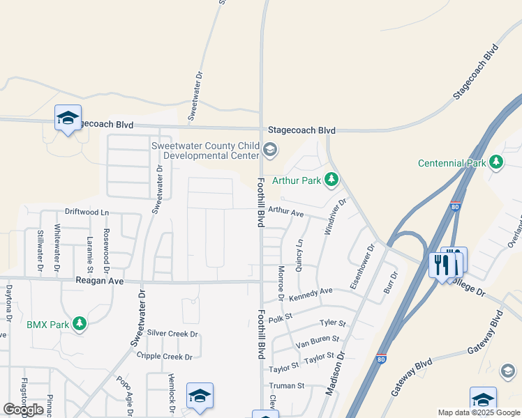 map of restaurants, bars, coffee shops, grocery stores, and more near Foothill Boulevard in Rock Springs