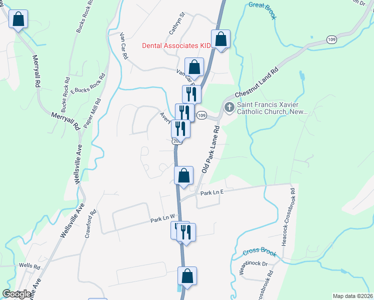 map of restaurants, bars, coffee shops, grocery stores, and more near 78 Park Lane Road in New Milford