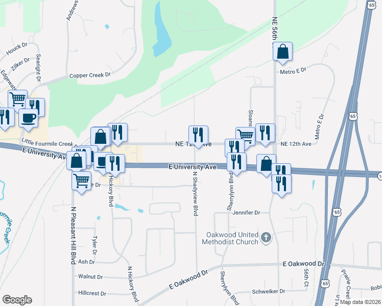 map of restaurants, bars, coffee shops, grocery stores, and more near 5295 East University Avenue in Pleasant Hill