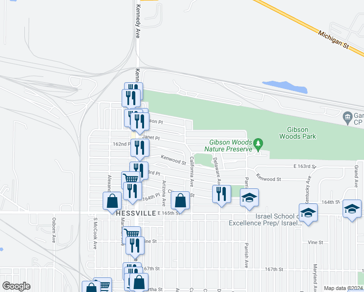 map of restaurants, bars, coffee shops, grocery stores, and more near 2946 Janet Place in Hammond
