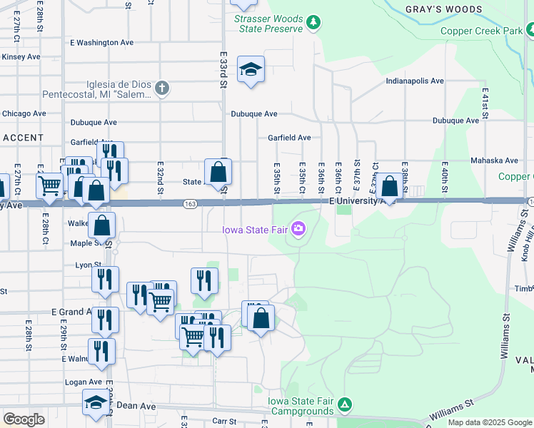 map of restaurants, bars, coffee shops, grocery stores, and more near 3432 Sims Drive in Des Moines