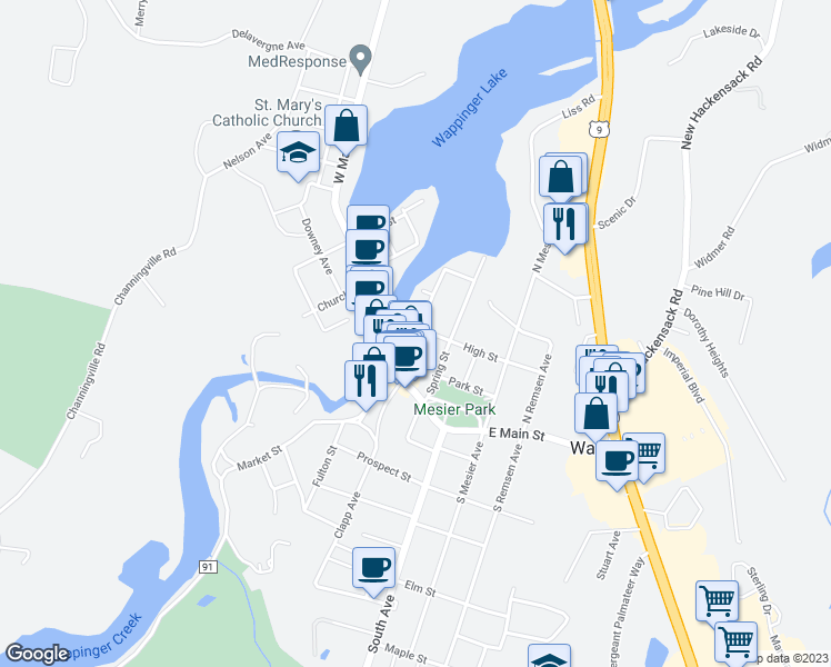 map of restaurants, bars, coffee shops, grocery stores, and more near 7 High Street in Wappingers Falls