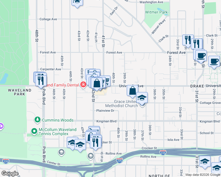 map of restaurants, bars, coffee shops, grocery stores, and more near 4010 University Avenue in Des Moines