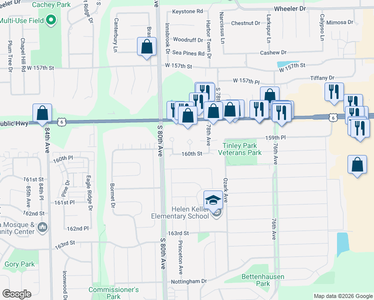 map of restaurants, bars, coffee shops, grocery stores, and more near 7901 160th Street in Tinley Park
