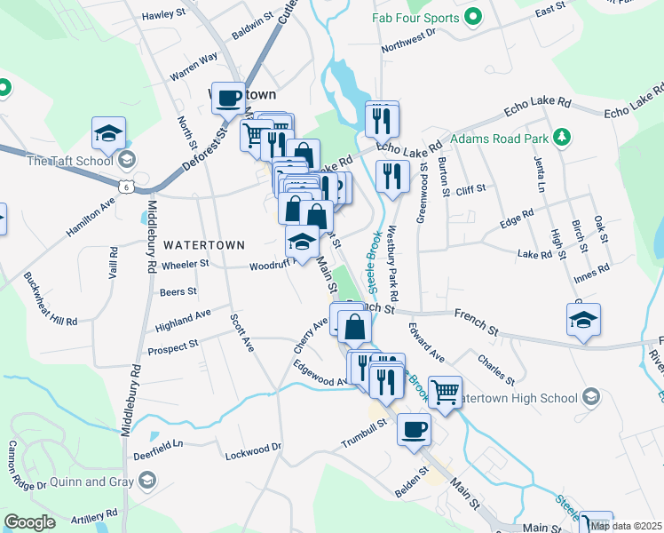 map of restaurants, bars, coffee shops, grocery stores, and more near 820 Main Street in Watertown
