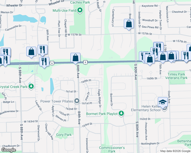 map of restaurants, bars, coffee shops, grocery stores, and more near 8261 160th Place in Tinley Park
