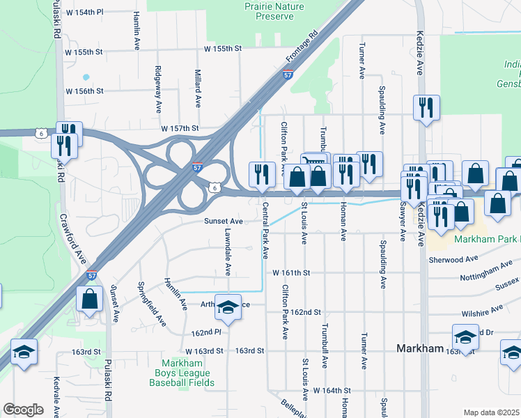 map of restaurants, bars, coffee shops, grocery stores, and more near 15920 Central Park Avenue in Markham