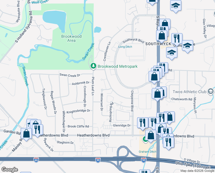map of restaurants, bars, coffee shops, grocery stores, and more near 5252 Glencrag Way in Toledo