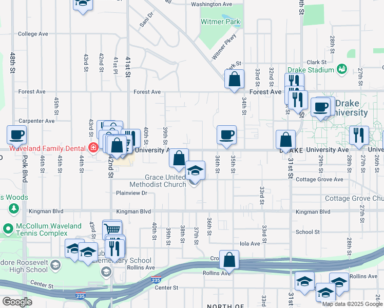 map of restaurants, bars, coffee shops, grocery stores, and more near 1130 37th Street in Des Moines