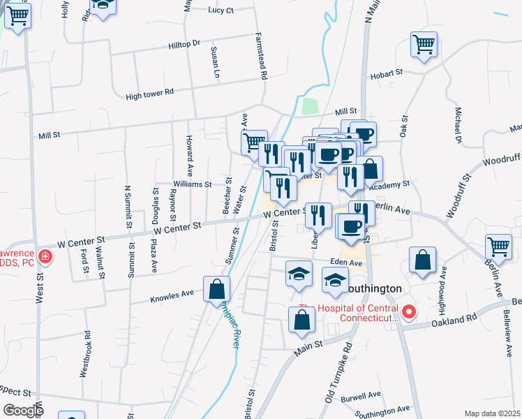 map of restaurants, bars, coffee shops, grocery stores, and more near 102 West Center Street in Southington