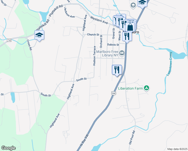 map of restaurants, bars, coffee shops, grocery stores, and more near 19 South Street in Marlboro
