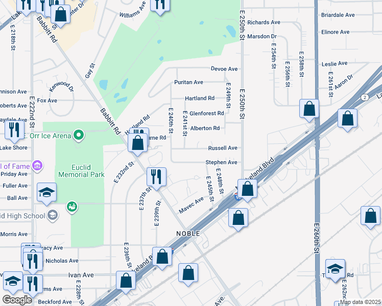 map of restaurants, bars, coffee shops, grocery stores, and more near 24440 Stephen Avenue in Euclid