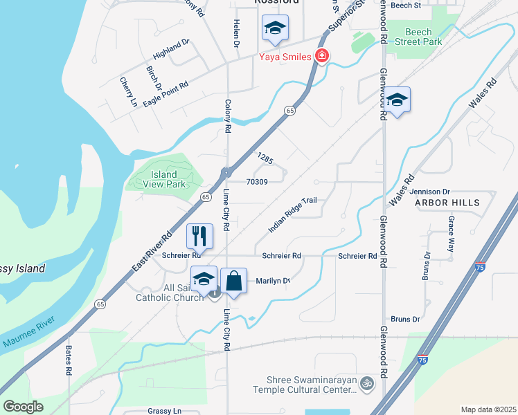 map of restaurants, bars, coffee shops, grocery stores, and more near 544 Indian Ridge Trail in Rossford