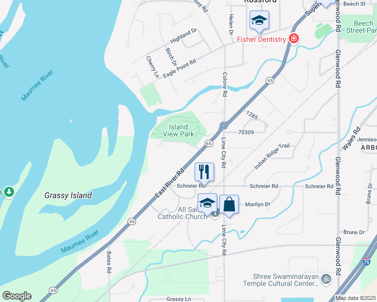 map of restaurants, bars, coffee shops, grocery stores, and more near 30861 E River Rd in Perrysburg