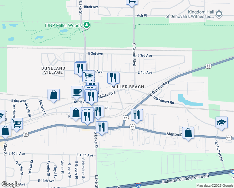 map of restaurants, bars, coffee shops, grocery stores, and more near 6109 Miller Avenue in Gary