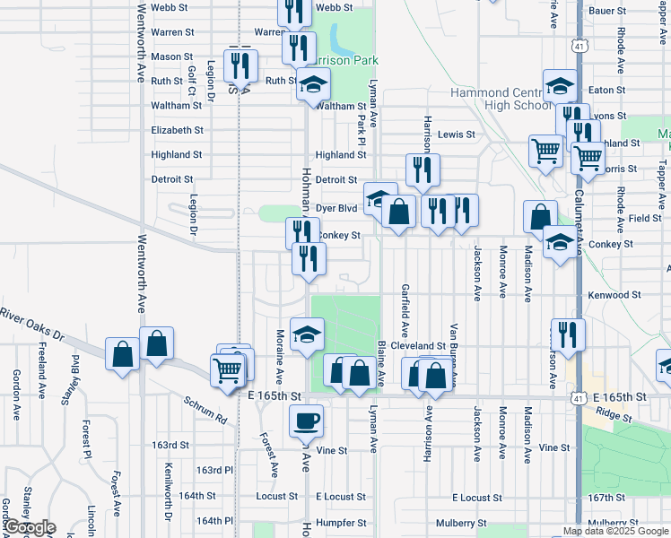 map of restaurants, bars, coffee shops, grocery stores, and more near 233 Kenwood Street in Hammond