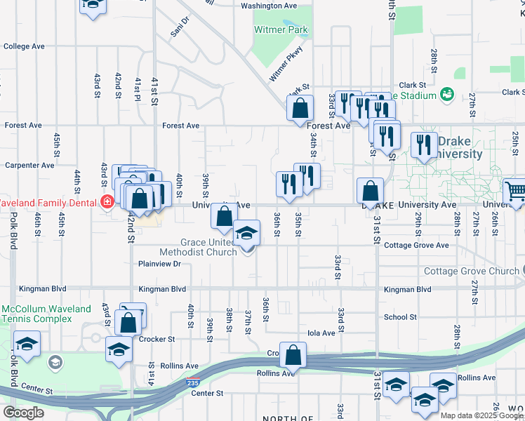 map of restaurants, bars, coffee shops, grocery stores, and more near 1126 36th Street in Des Moines