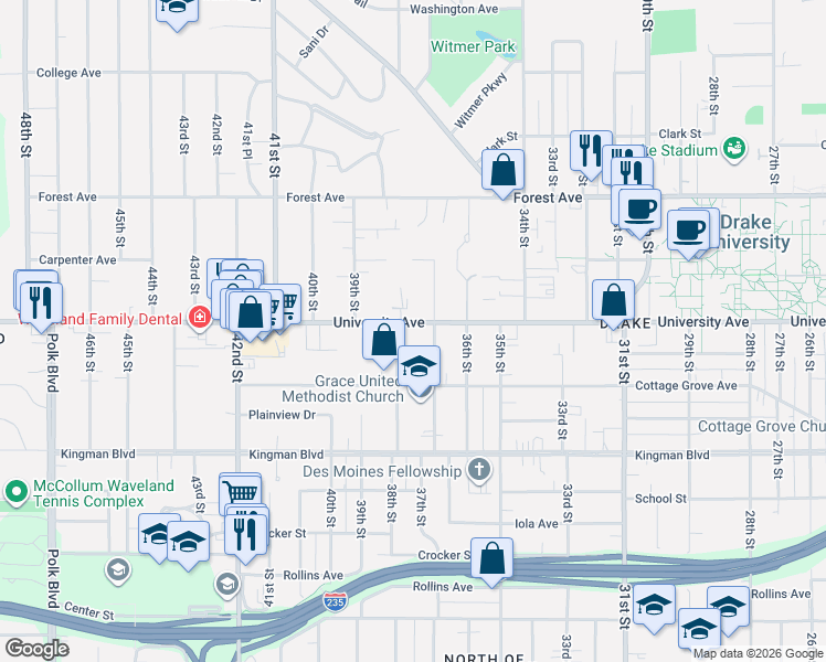 map of restaurants, bars, coffee shops, grocery stores, and more near 1130 37th Street in Des Moines