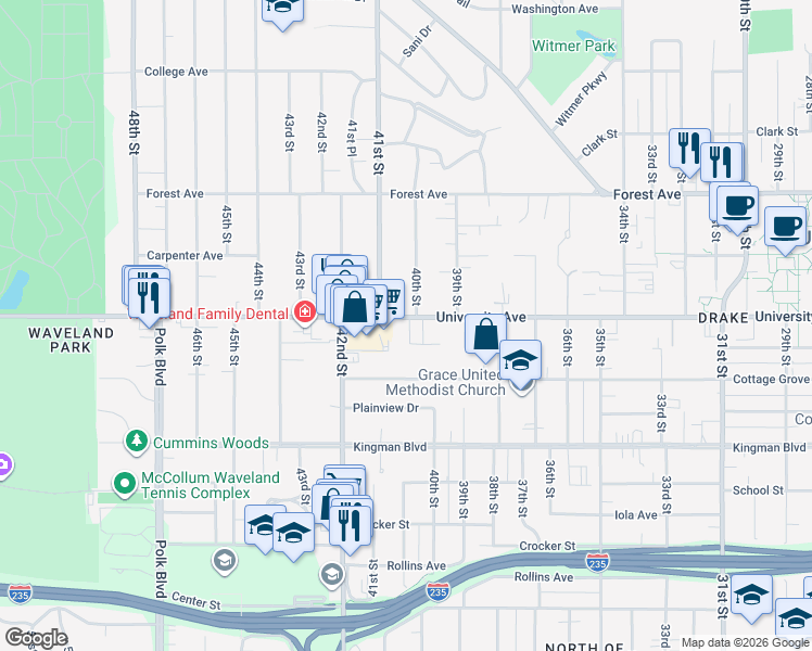 map of restaurants, bars, coffee shops, grocery stores, and more near 4010 University Avenue in Des Moines