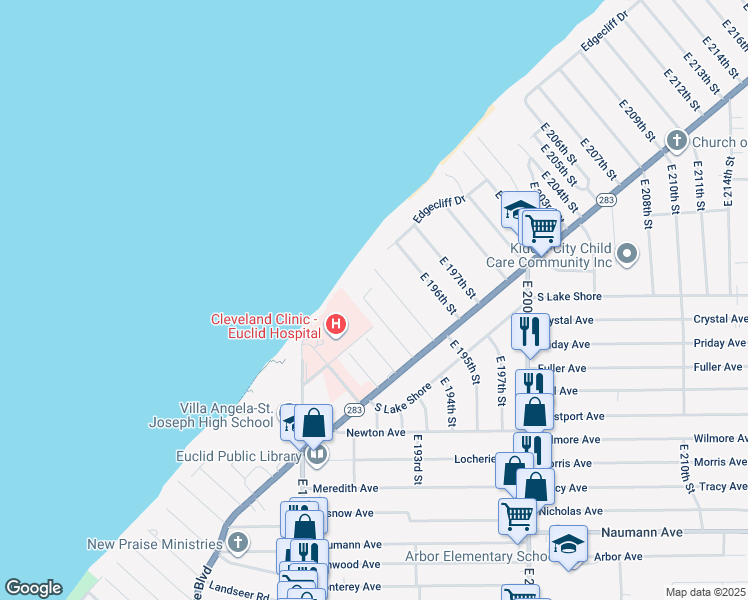 map of restaurants, bars, coffee shops, grocery stores, and more near 119 East 192nd Street in Euclid