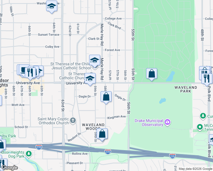 map of restaurants, bars, coffee shops, grocery stores, and more near 1144 58th Street in Des Moines