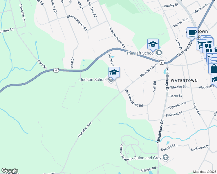 map of restaurants, bars, coffee shops, grocery stores, and more near 124 Hamilton Lane in Watertown