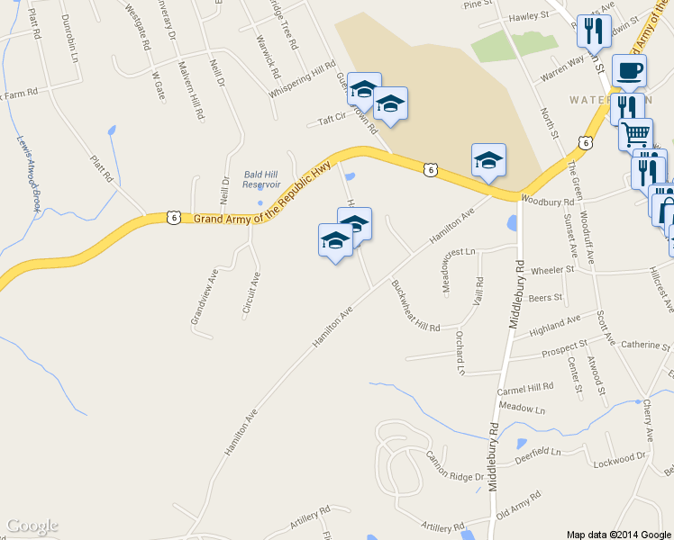 map of restaurants, bars, coffee shops, grocery stores, and more near 124 Hamilton Lane in Watertown