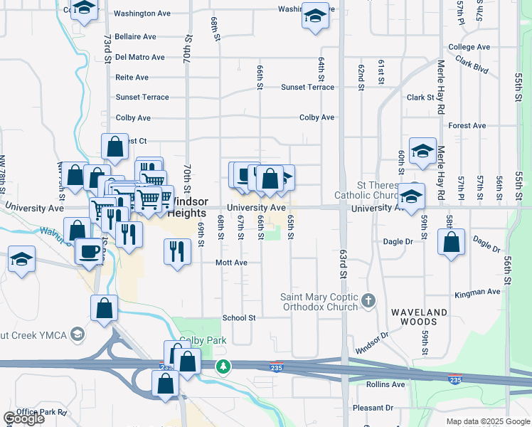 map of restaurants, bars, coffee shops, grocery stores, and more near in Windsor Heights