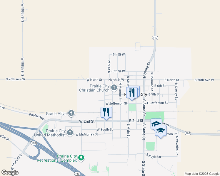 map of restaurants, bars, coffee shops, grocery stores, and more near 207 West 5th Street in Prairie City