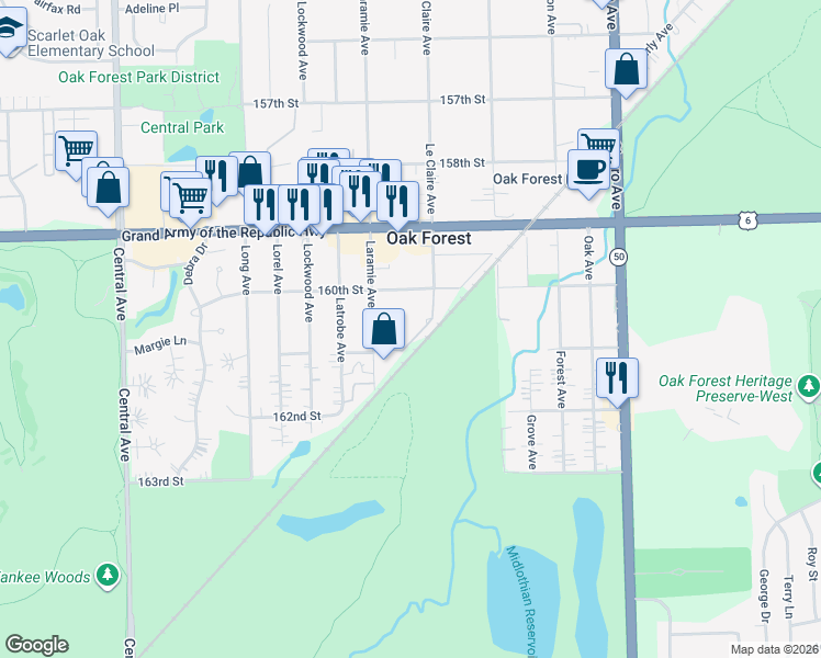 map of restaurants, bars, coffee shops, grocery stores, and more near 5150 Shadow Creek Drive in Oak Forest