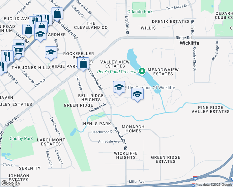 map of restaurants, bars, coffee shops, grocery stores, and more near 2255 Rockefeller Road in Wickliffe