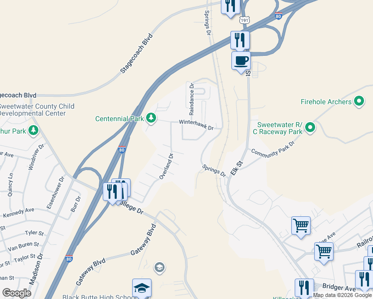 map of restaurants, bars, coffee shops, grocery stores, and more near 402 Monarch Cir in Rock Springs