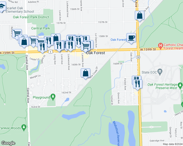 map of restaurants, bars, coffee shops, grocery stores, and more near 5150 Shadow Creek Drive in Oak Forest