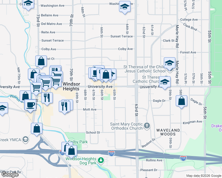 map of restaurants, bars, coffee shops, grocery stores, and more near in Windsor Heights