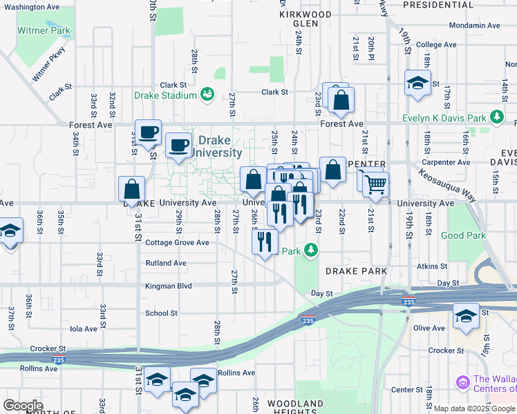 map of restaurants, bars, coffee shops, grocery stores, and more near 1140 26th Street in Des Moines