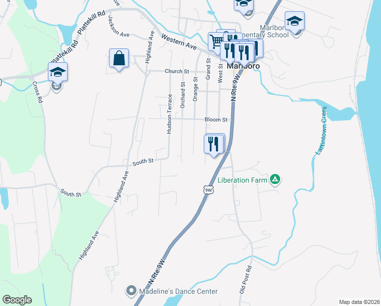 map of restaurants, bars, coffee shops, grocery stores, and more near 94 Grand Street in Marlboro