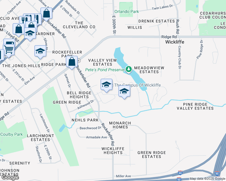 map of restaurants, bars, coffee shops, grocery stores, and more near 2255 Rockefeller Road in Wickliffe
