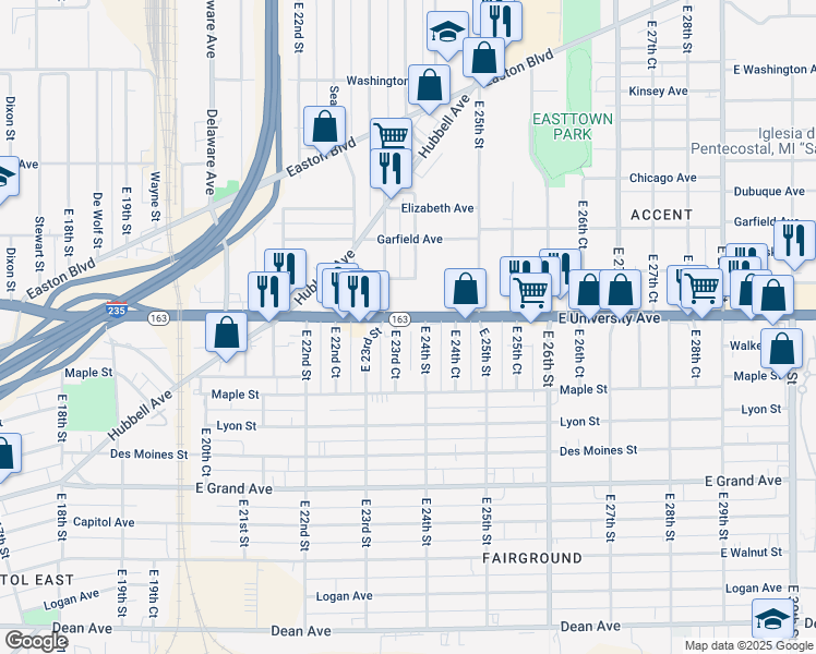 map of restaurants, bars, coffee shops, grocery stores, and more near 902 East 24th Street in Des Moines