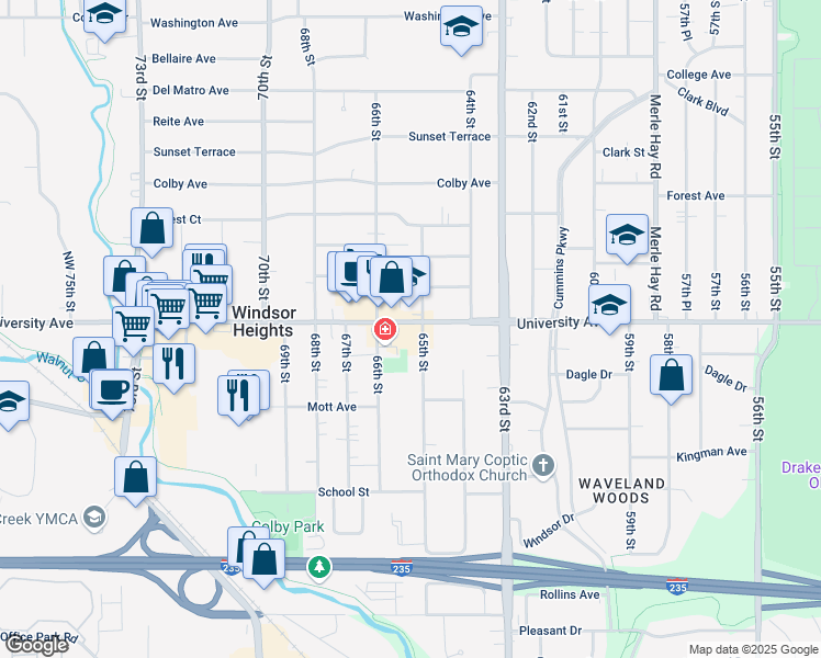 map of restaurants, bars, coffee shops, grocery stores, and more near 1139 66th Street in Windsor Heights