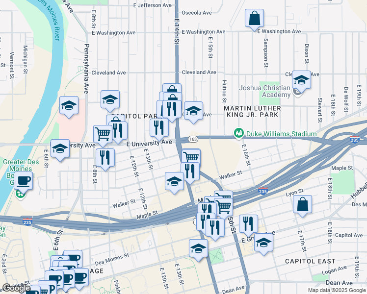 map of restaurants, bars, coffee shops, grocery stores, and more near 1401 Fremont Street in Des Moines