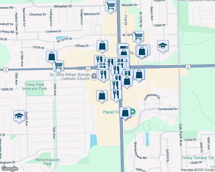map of restaurants, bars, coffee shops, grocery stores, and more near 16000 Harlem Avenue in Tinley Park