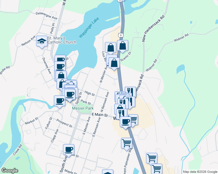 map of restaurants, bars, coffee shops, grocery stores, and more near 7 Veterans Place in Wappingers Falls