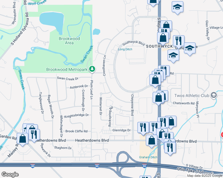 map of restaurants, bars, coffee shops, grocery stores, and more near 5461 Cresthaven Lane in Toledo