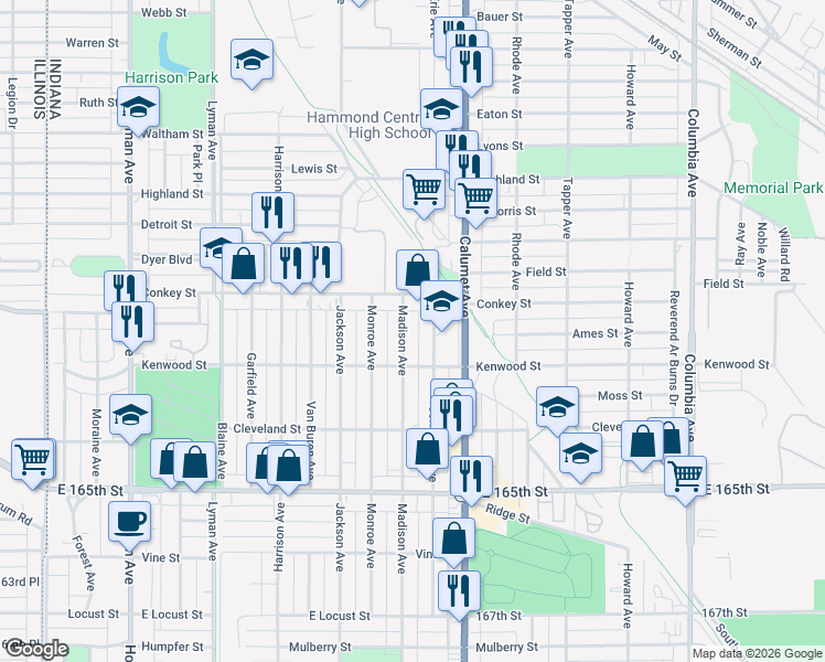 map of restaurants, bars, coffee shops, grocery stores, and more near 6252 Madison Avenue in Hammond