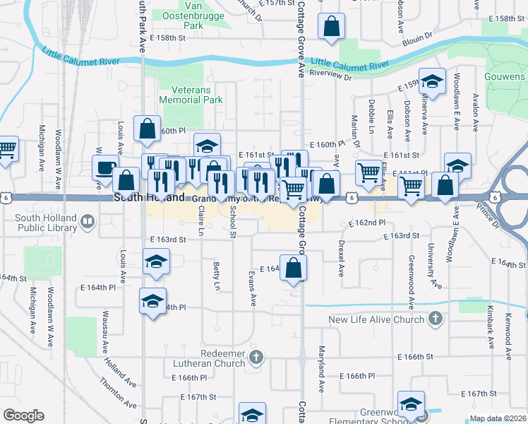 map of restaurants, bars, coffee shops, grocery stores, and more near 722 East 163rd Street in South Holland