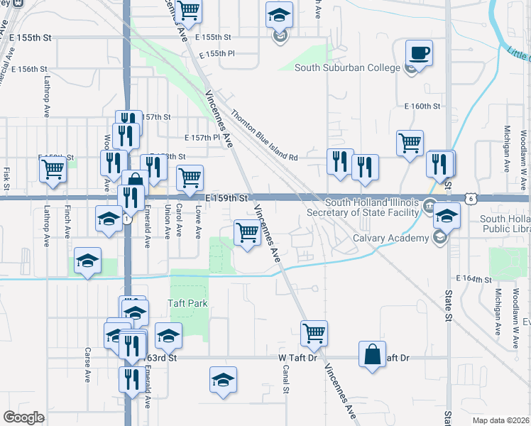 map of restaurants, bars, coffee shops, grocery stores, and more near 16236 Vincennes Ave in South Holland