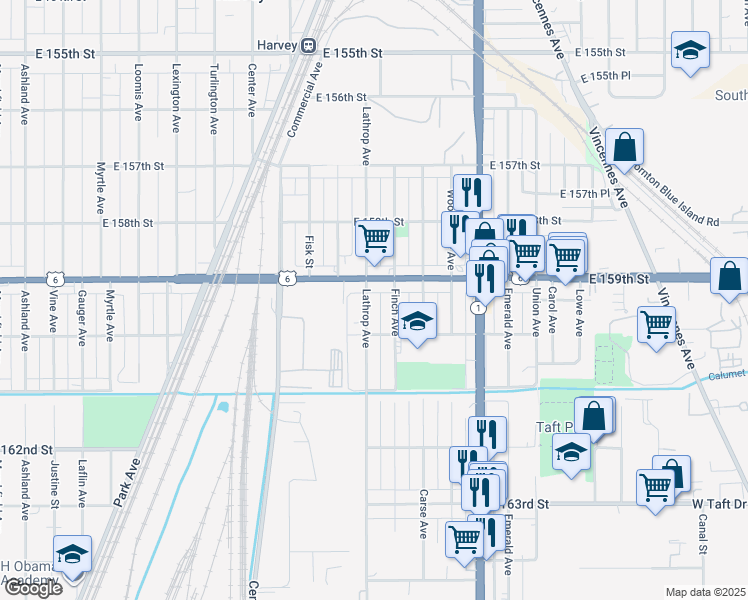 map of restaurants, bars, coffee shops, grocery stores, and more near 15934 Finch Avenue in Harvey