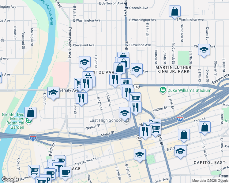 map of restaurants, bars, coffee shops, grocery stores, and more near 1323 Fremont Street in Des Moines